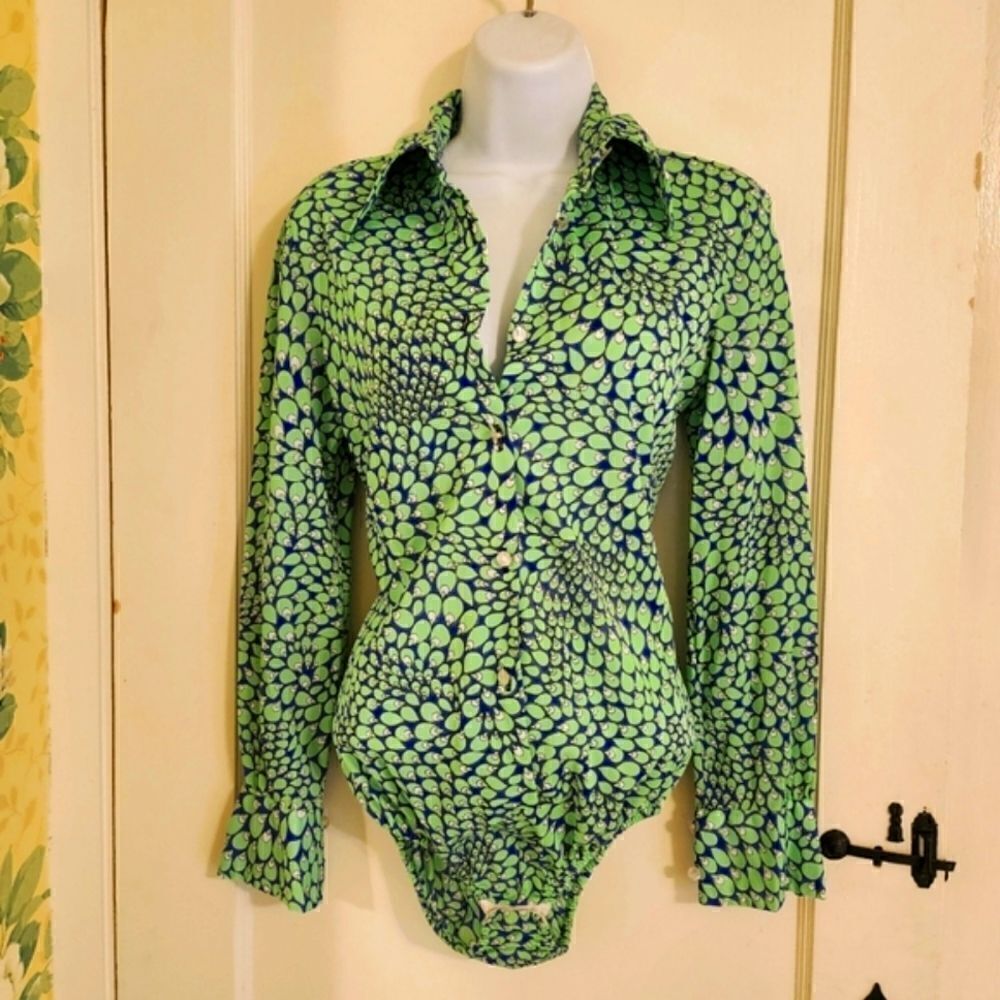 Vtg. Mint '60's Lady Lynne For B.Altmans Peacock Print Bodysuit Sz.S Union Label